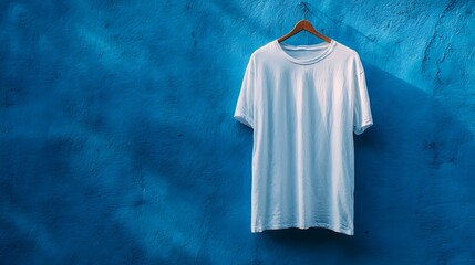 White tee on blue textured backdrop.