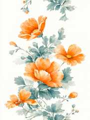Elegant hand-painted floral arrangement featuring vibrant orange blossoms contrasted with soft teal foliage on a light background perfect for decorative designs
