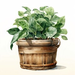 ニュートラルな背景に描かれた緑の鉢植えの水彩画