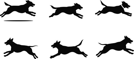 Dog silhouettes running and leaping, domestic pet illustration, canine animal artwork, motion sequence design, black dog drawing, wildlife behavior reference, dynamic posture study