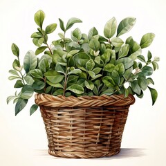 バスケットの緑の植物 水彩画風のイラスト