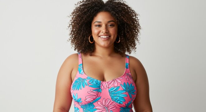 Confident woman in a vibrant pink and blue floral swimsuit smiling - Powered by Adobe