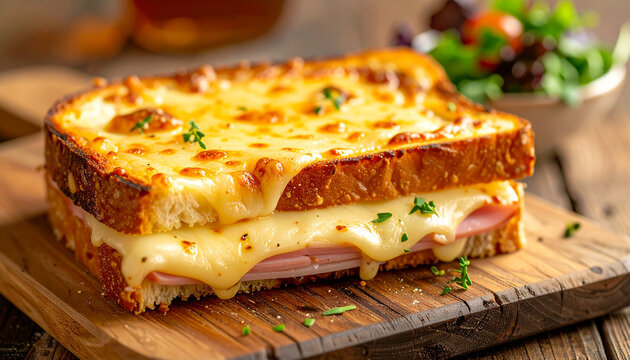 French hot croque monsieur, golden-brown grilled bread with ham and melted cheese oozing out