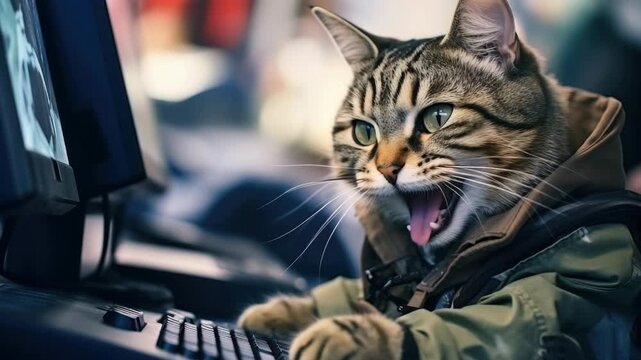 A cat in a military-style uniform sits in front of controls with its mouth open as if shouting or singing.
