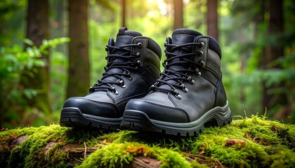Hiking boots on mossy log in forest