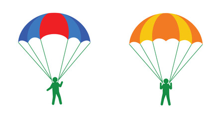Two colorful parachutes with silhouetted figures descending from above