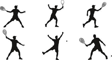 Tennis player silhouette, dynamic action poses, sports vector, athlete movement, racket swing, professional game, black figure, isolated illustration