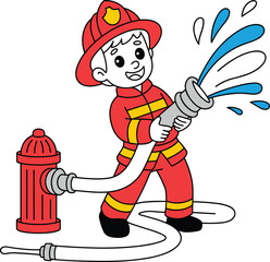 Cartoon firefighter boy in red uniform spraying water from fire hose, fire hydrant safety, emergency rescue, fire department illustration, children education vector