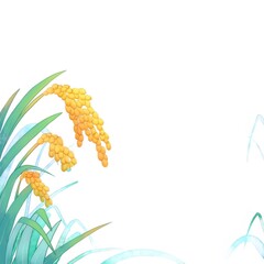 稲穂イラスト 白背景に金の稲穂と水色の葉
