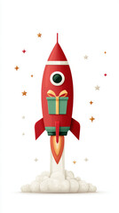 Red rocket ship with stars and clouds illustrating launch celebration