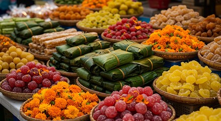 Vibrant Array of Traditional Vietnamese Tet Holiday Candied Fruits and Sweets (Mứt Tết) Displayed in Baskets, Offering Festive Delicacies.
