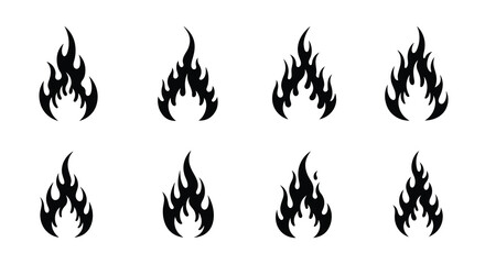 Eight black flame designs arranged in a grid pattern on white background