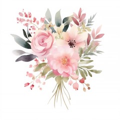 ピンクの花束水彩画の白い背景