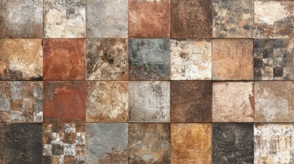 A collection of square tiles displays diverse earthy tones like brown gray and reddish hues in a neat grid. Textures vary creating an appealing design suitable for flooring or walls.