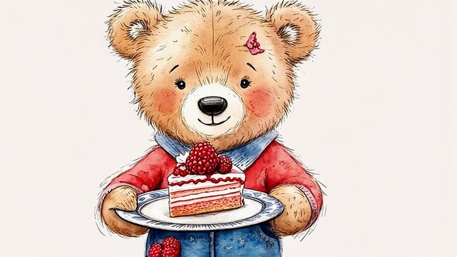 A cute cartoon bear holds a plate of cake topped with raspberries. The bear has a friendly expression and wears a blue and red outfit.