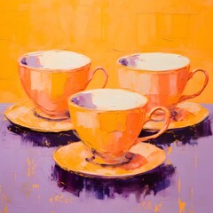 紫色のテーブルの上の3つのオレンジ色のティーカップの静物画