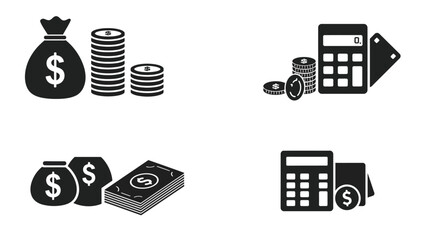Financial icons depicting money stacks of cash and calculator symbols