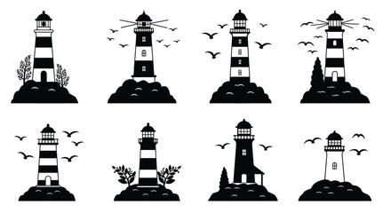 A collection of black and white lighthouse illustrations with flying birds