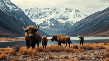 Majestic giant animals grazing by tranquil lake in snow-capped mountains at The North Frontier&rdquo;Fantastic Frontiers Digital Artwork series ar 16:9
