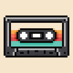 A pixel art of a retro cassette tape, featuring a classic 80s color scheme and designed in an authentic 8-bit aesthetic. Perfect for music-themed and old-school audio