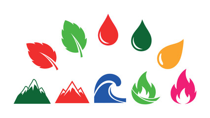 Elemental Icons: A vibrant assortment of minimalist icons representing the core elements, including water, fire, air, and earth. Clean lines and bold colors create a visual harmony.