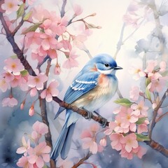 青い鳥と桜の花の柔らかな水彩画