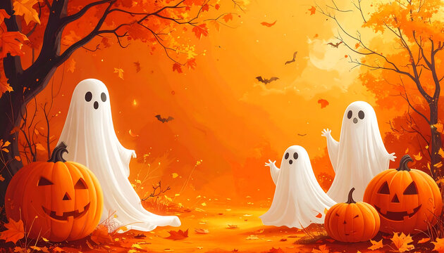 "Playful white ghosts and carved pumpkins on a bright orange background with flying bats—evoking cheerful Halloween vibes and whimsical seasonal fun."