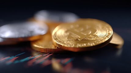 A conceptual image of cryptocurrency trading, with digital coins and a dynamic graph.