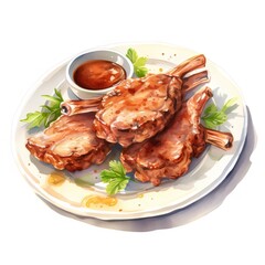 白い皿に焼かれた骨付きラムチョップとソース