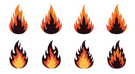 Collection of vibrant orange and yellow flame illustrations arranged in rows