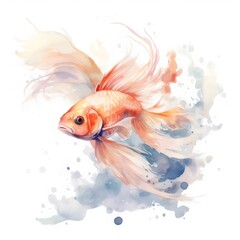 水彩画風の金魚のイラスト 白い背景にオレンジ色