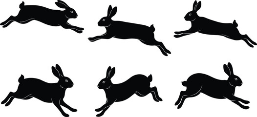 Rabbit silhouette collection, black bunny outlines, leaping and running rabbits, pet animal motion, vector design, isolated illustration, animal artwork set