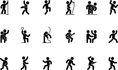 Silhouette stickman people dancing, playing guitar, singing, performing, sports and activities icons, creative vector illustration, music concert, entertainment, lifestyle, hobby, leisure design
