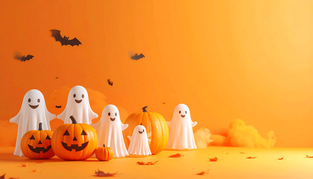 "Playful white ghosts and carved pumpkins on a bright orange background with flying bats—evoking cheerful Halloween vibes and whimsical seasonal fun."