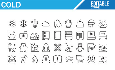 Arctic Outline Icons — Polar Bear, Penguin, Igloo, Snow, Ice, and Winter Gear
