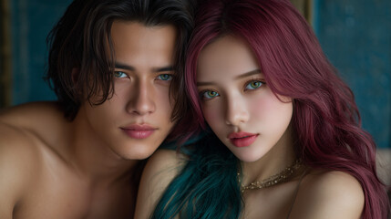 Obraz premium Close up a handsome man blue eyes and his beautiful asain woman white skin with red and long hair.