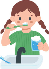 Cute cartoon girl brushing teeth with toothbrush, holding glass of water, bathroom sink hygiene routine, healthy lifestyle dental care illustration, children oral health vector