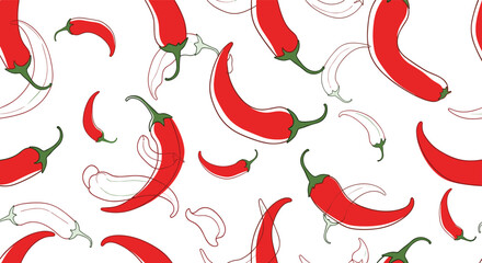 A vibrant seamless pattern of red chili peppers with outlines and scattered pepper shapes on a white background.
