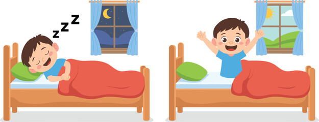 Cute cartoon boy sleeping at night and waking up in the morning, child daily routine vector illustration, bedtime and wake up concept design © Creatives Mind