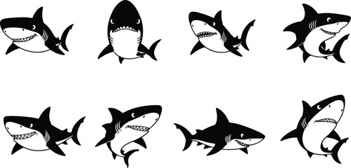 Shark cartoon silhouettes, vector marine design, ocean animal artwork, creative poses, abstract icons, stock collection, sea mascot, unique artwork, decorative style, illustration