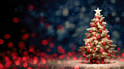 Festive Christmas tree adorned with red ornaments and a glowing star on top surrounded by dreamy sparkling bokeh lights in a dark winter night background