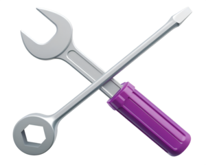 Silver wrench and purple handled screwdriver crossed on black tool tools