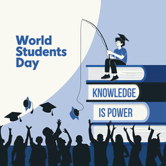 Vector art of world students day concept with a student fishing for knowledge from books, symbolizing learning and empowerment