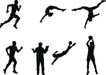 Athlete silhouettes in motion, running, gymnastics, handstand, basketball, coaching, sports activity vector, dynamic movement illustration, fitness performance concept