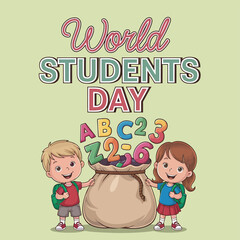Vector art of world students day illustration featuring two happy young children with backpacks and a sack of alphabet and number blocks, symbolizing early education