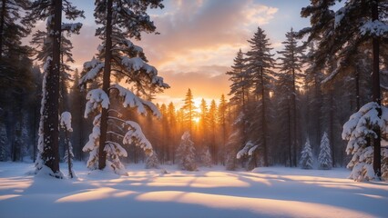 Winter sunset illuminating snow-covered forest with tall trees  