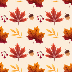 Fototapeta premium Autumn Leaves Acorns Berries Seamless Pattern