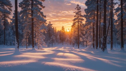 Winter sunrise over snowy forest with tall pine trees  