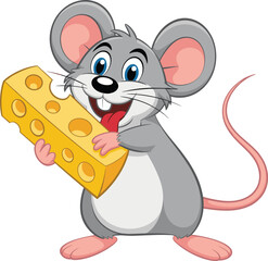 Cute cartoon mouse holding big yellow cheese, happy gray rat character illustration, funny animal mascot vector design for children, kids, food and humor