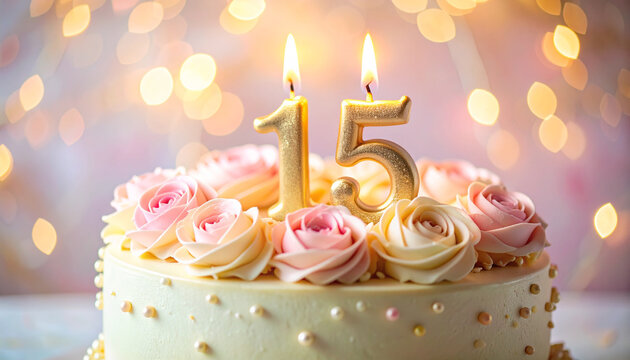 Delicate pastel cake with soft buttercream roses, pearl sprinkles and a golden number 15 candle.